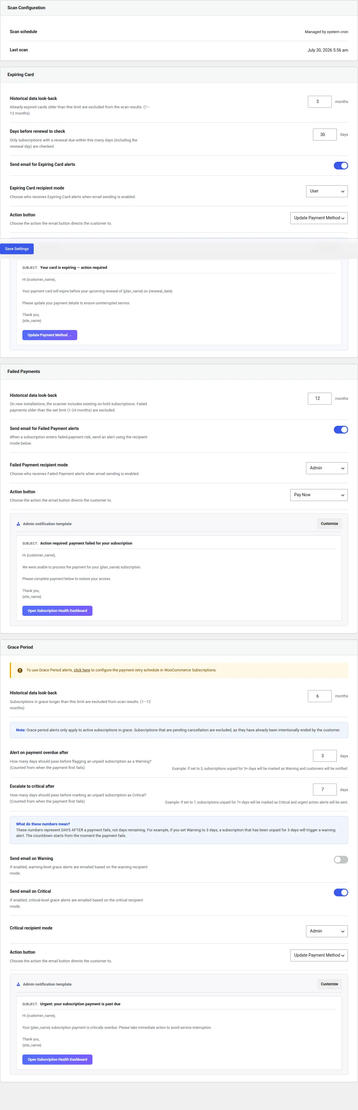 WooCommerce subscription dunning email settings showing independent toggles and editable templates for expiring card, failed payment and grace period alerts